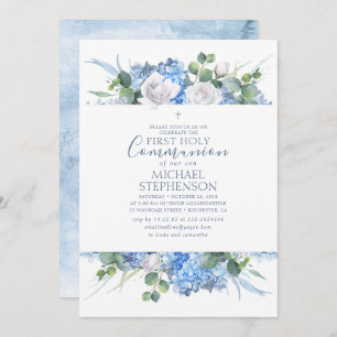 Dusty Blue Floral Greenery Moderne Heilige Kommuni Einladung