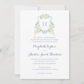 Dusty Blue Floral Greenery Monogram Crest Wedding Einladung
