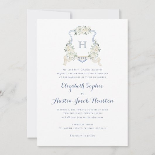 Dusty Blue Floral Greenery Monogram Crest Wedding Einladung (Vorderseite)