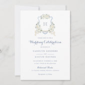 Dusty Blue Floral Greenery Monogram Crest Wedding Einladung (Vorderseite)