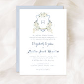 Dusty Blue Floral Greenery Monogram Crest Wedding Einladung