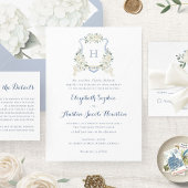 Dusty Blue Floral Greenery Monogram Crest Wedding Einladung