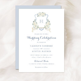 Dusty Blue Floral Greenery Monogram Crest Wedding Einladung