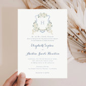 Dusty Blue Floral Greenery Monogram Wappen Wedding Einladung
