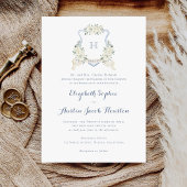 Dusty Blue Floral Greenery Monogram Wappen Wedding Einladung