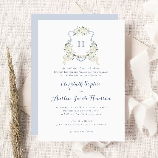 Dusty Blue Floral Greenery Monogram Wappen Wedding Einladung