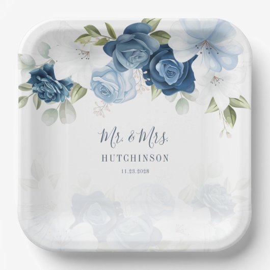 Dusty Blue Floral Greenery Mr. and Mrs. Wedding Pappteller (Vorderseite)