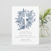 Dusty Blue Floral Greenery Neutrale Taufe Einladung (Stehend Vorderseite)