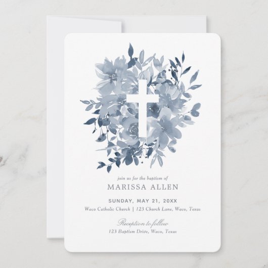 Dusty Blue Floral Greenery Neutrale Taufe Einladung (Vorderseite)