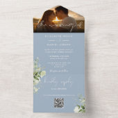 Dusty Blue Floral Greenery QR Code Wedding Foto All In One Einladung (Innen Boden)
