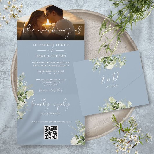 Dusty Blue Floral Greenery QR Code Wedding Foto All In One Einladung