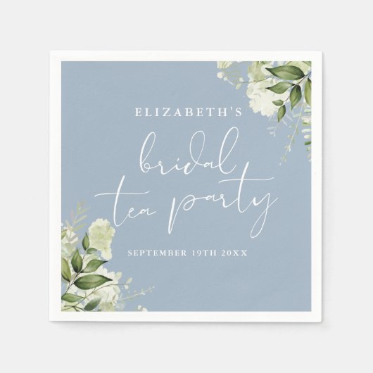 Dusty Blue Floral Greenery Script Bridal Tea Party Serviette (Vorderseite)