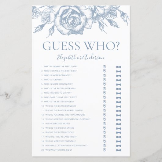 Dusty Blue Floral Guess Who Brautparty Game (Vorderseite)
