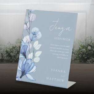 Dusty Blue Floral Jenga Wedding Gäestbook Sockelschild