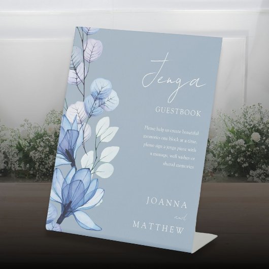 Dusty Blue Floral Jenga Wedding Gäestbook Sockelschild