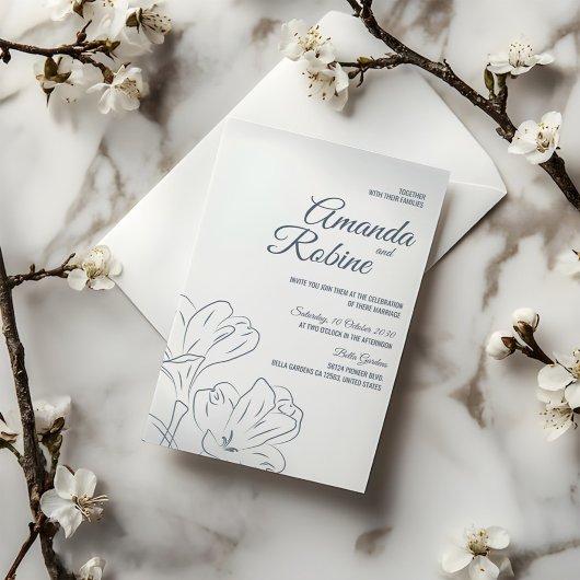 Dusty Blue Floral Kontur Hochzeit Einladung