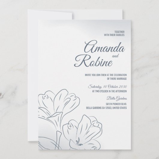 Dusty Blue Floral Kontur Hochzeit Einladung (Vorderseite)