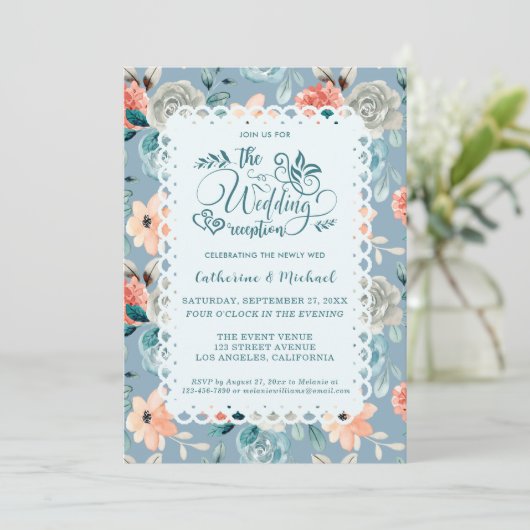 Dusty Blue Floral Lace | Dekorative Kalligraphie Einladung (Stehend Vorderseite)