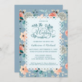 Dusty Blue Floral Lace | Dekorative Kalligraphie Einladung (Vorne/Hinten)