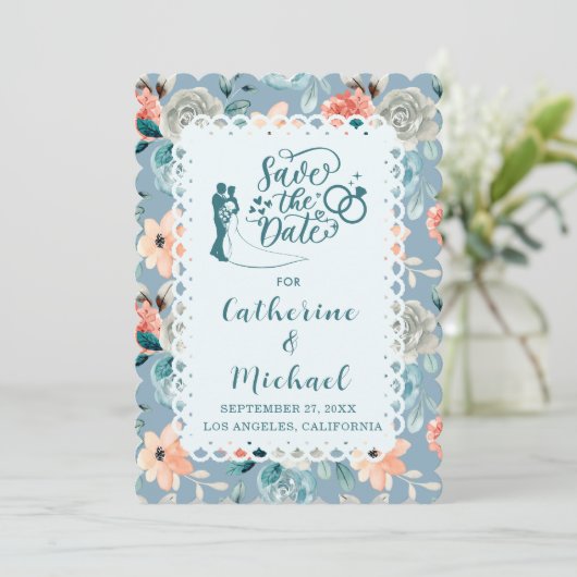 Dusty Blue Floral Lace | Dekorative Kalligraphie Einladung (Stehend Vorderseite)