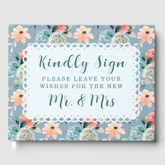Dusty Blue Floral Lace | Dekorative Kalligraphie Gästebuch (Vorderseite)
