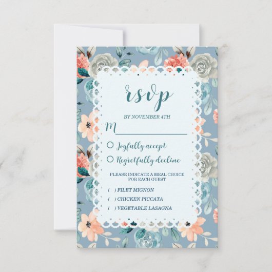 Dusty Blue Floral Lace | Dekorative Kalligraphie RSVP Karte (Vorderseite)
