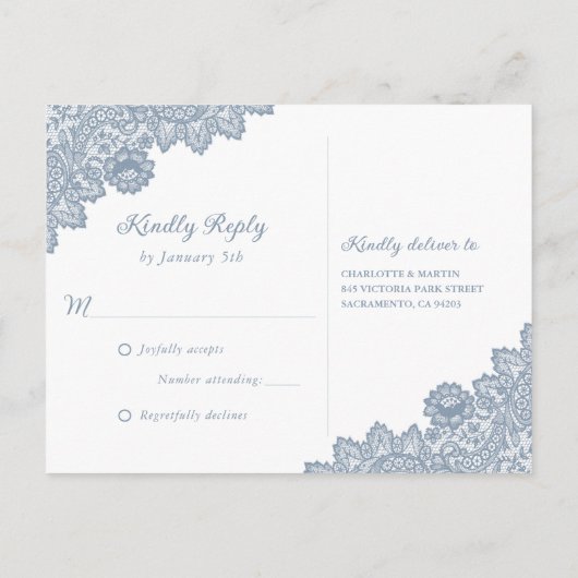 Dusty Blue Floral Lace Rustic Wedding RSVP Einladungspostkarte (Rückseite)