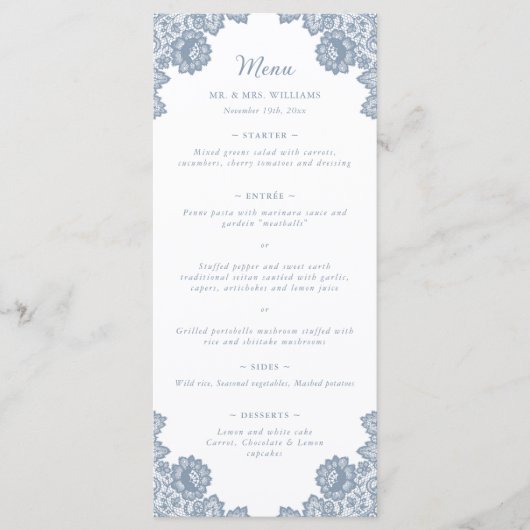 Dusty Blue Floral Lace Wedding Menu Menükarte (Vorderseite)