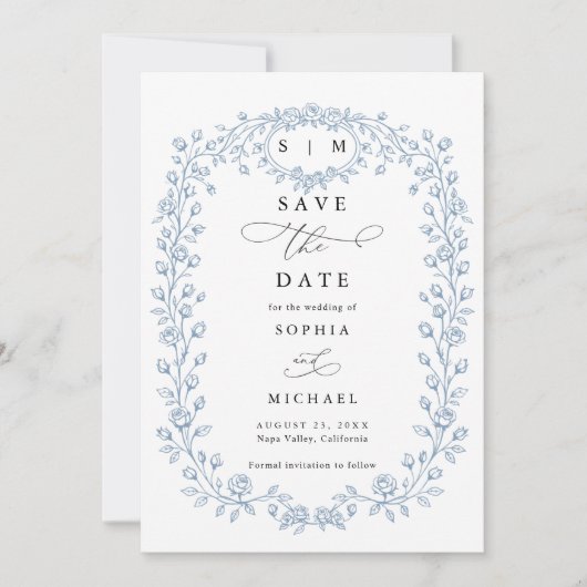 Dusty Blue Floral Line Art Save The Date Invite (Vorderseite)