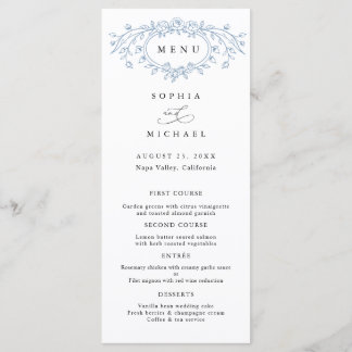 Dusty Blue Floral Line Art Wedding Flat Menükarte