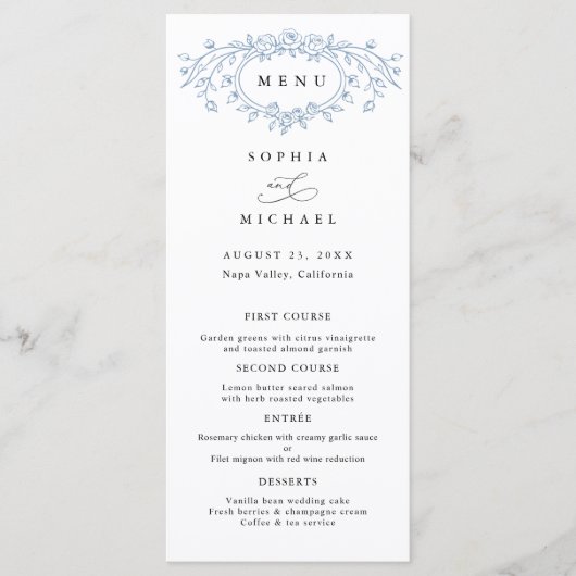Dusty Blue Floral Line Art Wedding Flat Menükarte (Vorderseite)