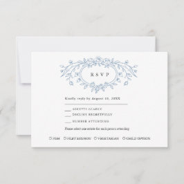 Dusty Blue Floral Line Art Wedding  RSVP Karte