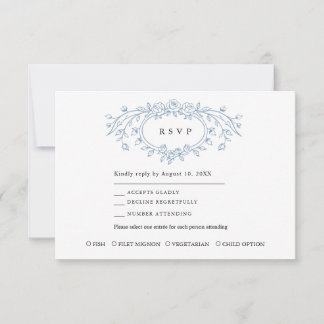Dusty Blue Floral Line Art Wedding  RSVP Karte