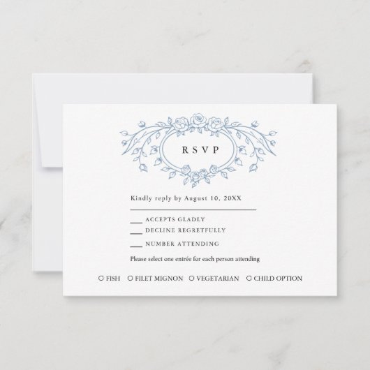 Dusty Blue Floral Line Art Wedding  RSVP Karte (Vorderseite)