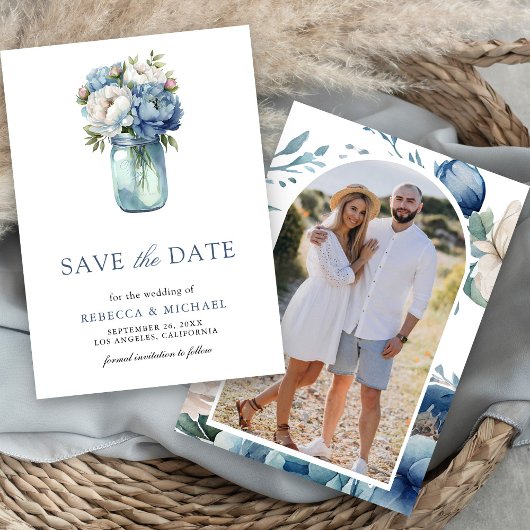 Dusty Blue Floral Mason Jar Foto Wedding Save The Date