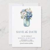 Dusty Blue Floral Mason Jar Foto Wedding Save The Date (Vorderseite)
