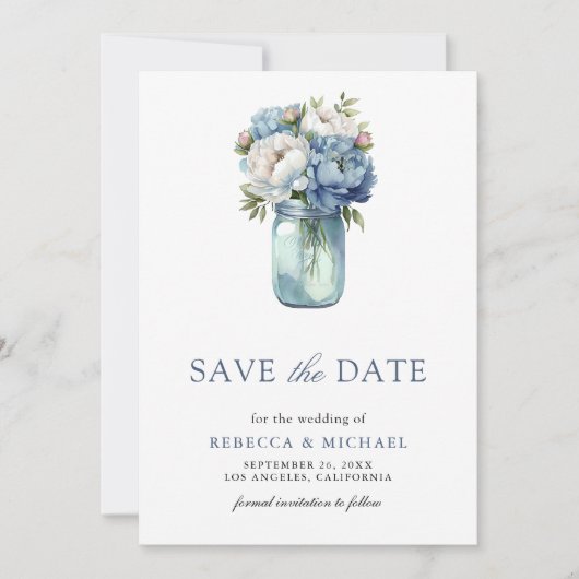 Dusty Blue Floral Mason Jar Foto Wedding Save The Date (Vorderseite)