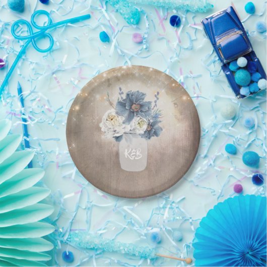 Dusty Blue Floral Mason Jar Initials Rustikales Ho Pappteller (Party)