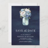 Dusty Blue Floral Mason Jar Navy Foto Hochzeit Save The Date (Vorderseite)
