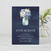 Dusty Blue Floral Mason Jar Navy Foto Hochzeit Save The Date (Stehend Vorderseite)