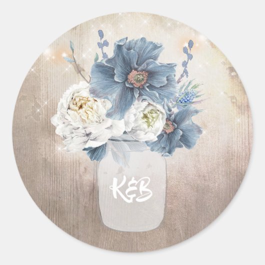 Dusty Blue Floral Mason Jar Rustic Country Wedding Runder Aufkleber (Vorderseite)