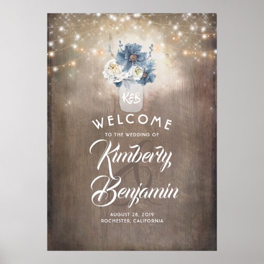 Dusty Blue Floral Mason Jar Wedding Begrüßungszeic Poster (Vorne)