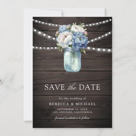 Dusty Blue Floral Mason Jar Wood Foto Wedding Save The Date (Vorderseite)