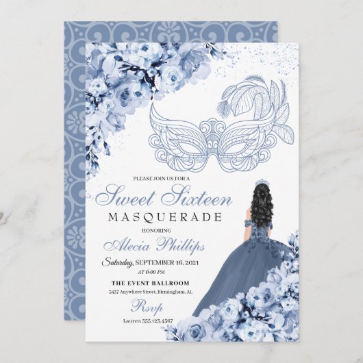 Dusty Blue Floral Masquerade Sweet 16 Einladung (Vorne/Hinten)