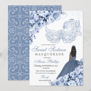 Dusty Blue Floral Masquerade Sweet 16 Einladung