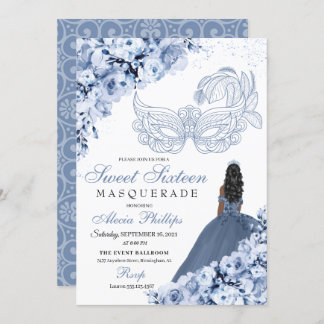 Dusty Blue Floral Masquerade Sweet 16 Einladung