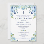 Dusty Blue Floral mit Foto Christening Einladung (Vorderseite)