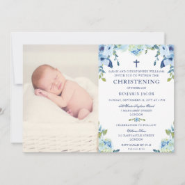 Dusty Blue Floral mit Foto Christening Einladung