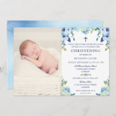 Dusty Blue Floral mit Foto Christening Einladung (Vorne/Hinten)