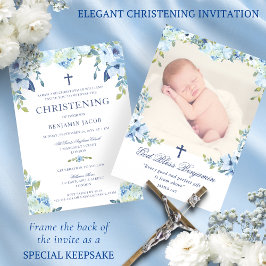 Dusty Blue Floral mit Foto Christening Einladung